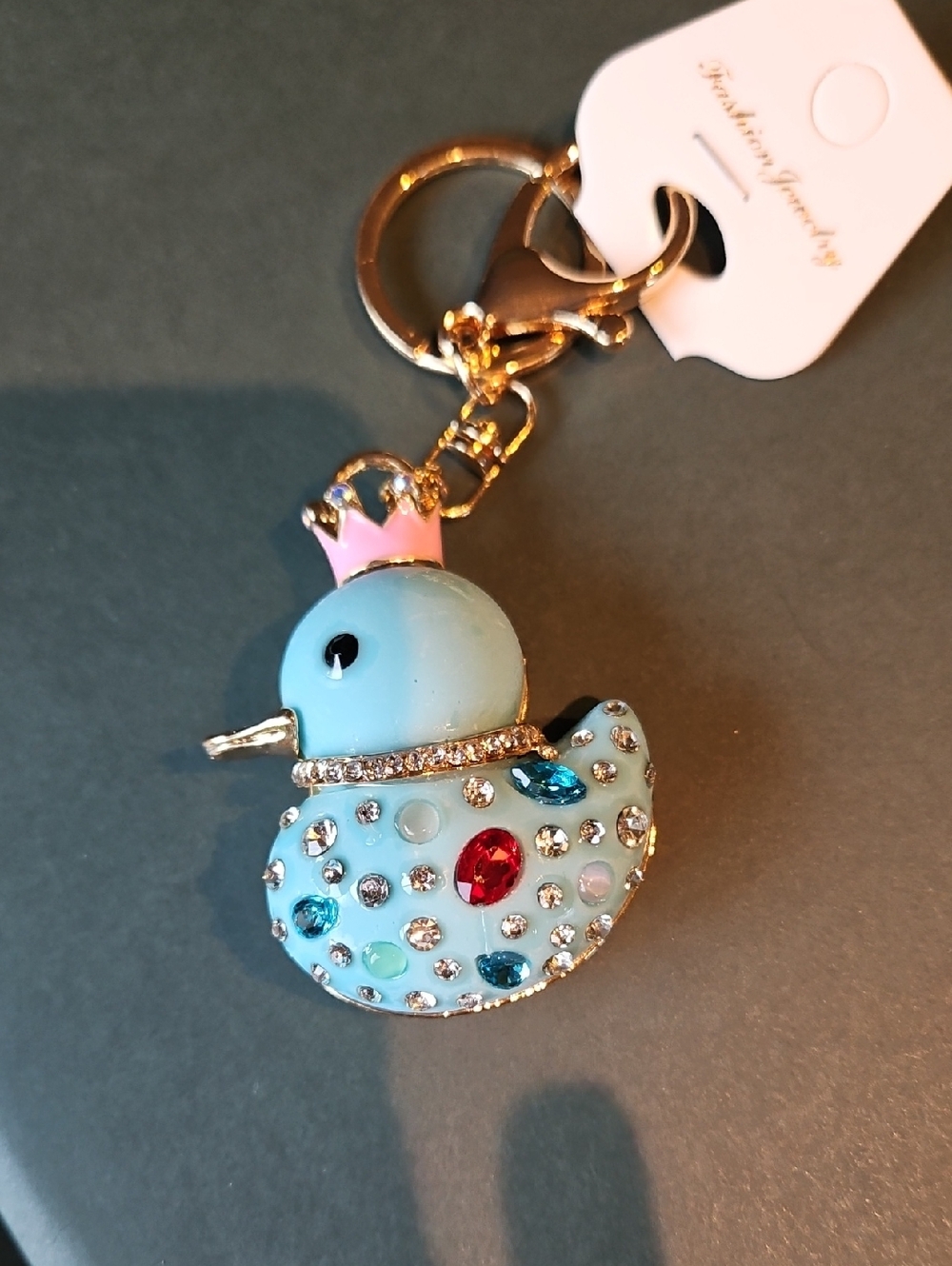 Crystal Embellished Blue Duck Keychain with Pink Crown